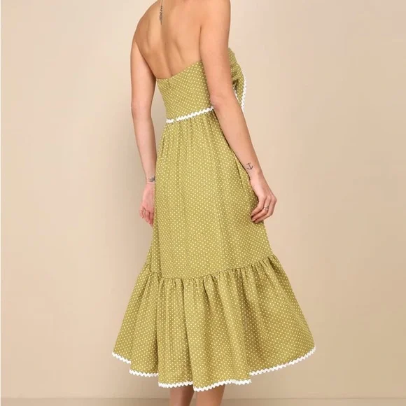 Lulus Delightful Design Light Green Polka Dot Midi Dress With Pockets NWT Womens - Picture 2 of 3